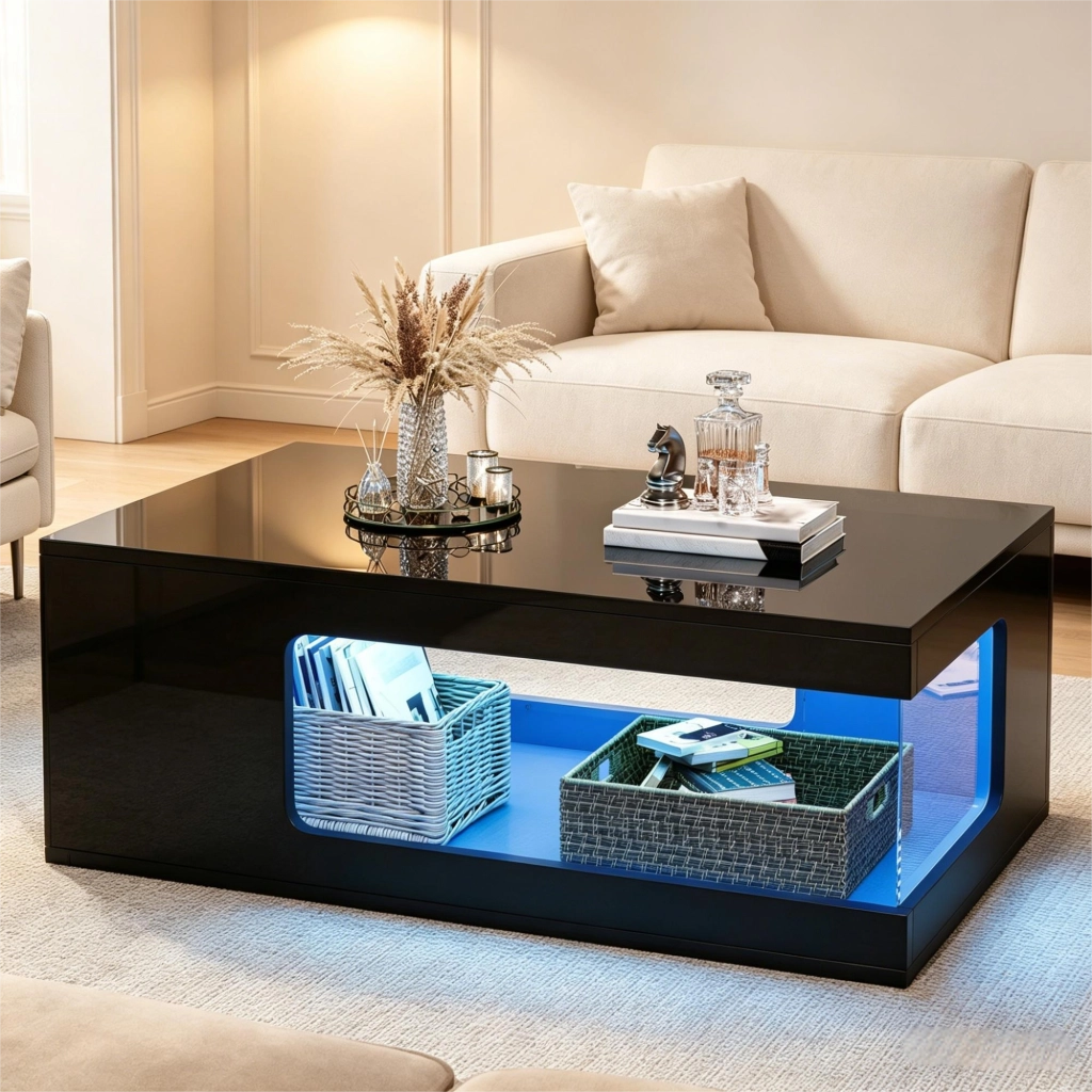 Tavolino da Caff¨¨ con LED e Vetro Temperato ¨C MINIMAL ¨C Nero, 100x50x35