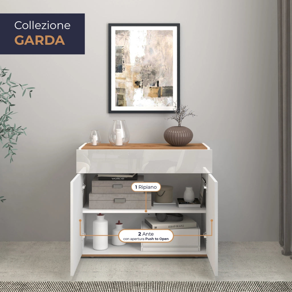 WHOUS Credenza Garda 2 ante e 1 cassetto bianco lucido e rovere 80,9x35x70 cm