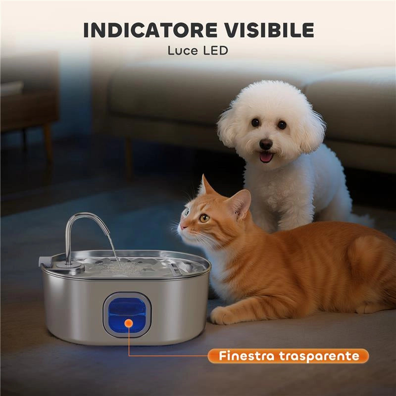 FONTANELLA PER GATTO DA 7L CON LUCE LED E SPAZZOLA, IN ACCIAIO INOX 304, 32X22.1X22.3 CM, ARGENTO