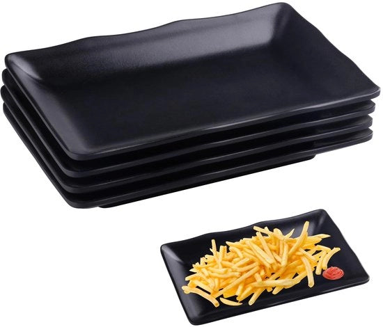 Piatti di Servizio Rettagolari - Porselein - Nero - Adatto per Snacks - Set da 4 - Perfetto per Cene e Feste