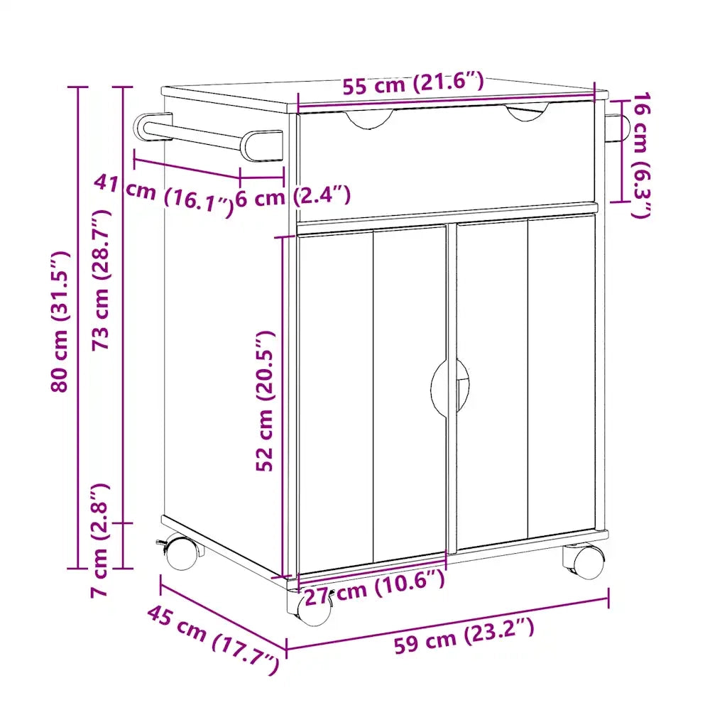 Carrello da Cucina OTTA 59x45x80 cm in Legno Massello di Pino 4013464