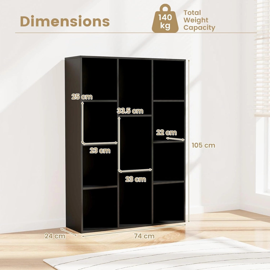 Libreria a 11 scomparti, libreria a scaffale, 2 kit anti-ribaltamento, pannelli posteriori chiusi, mobile portaoggetti in legno, 74 x 24 x 106 cm (nero)