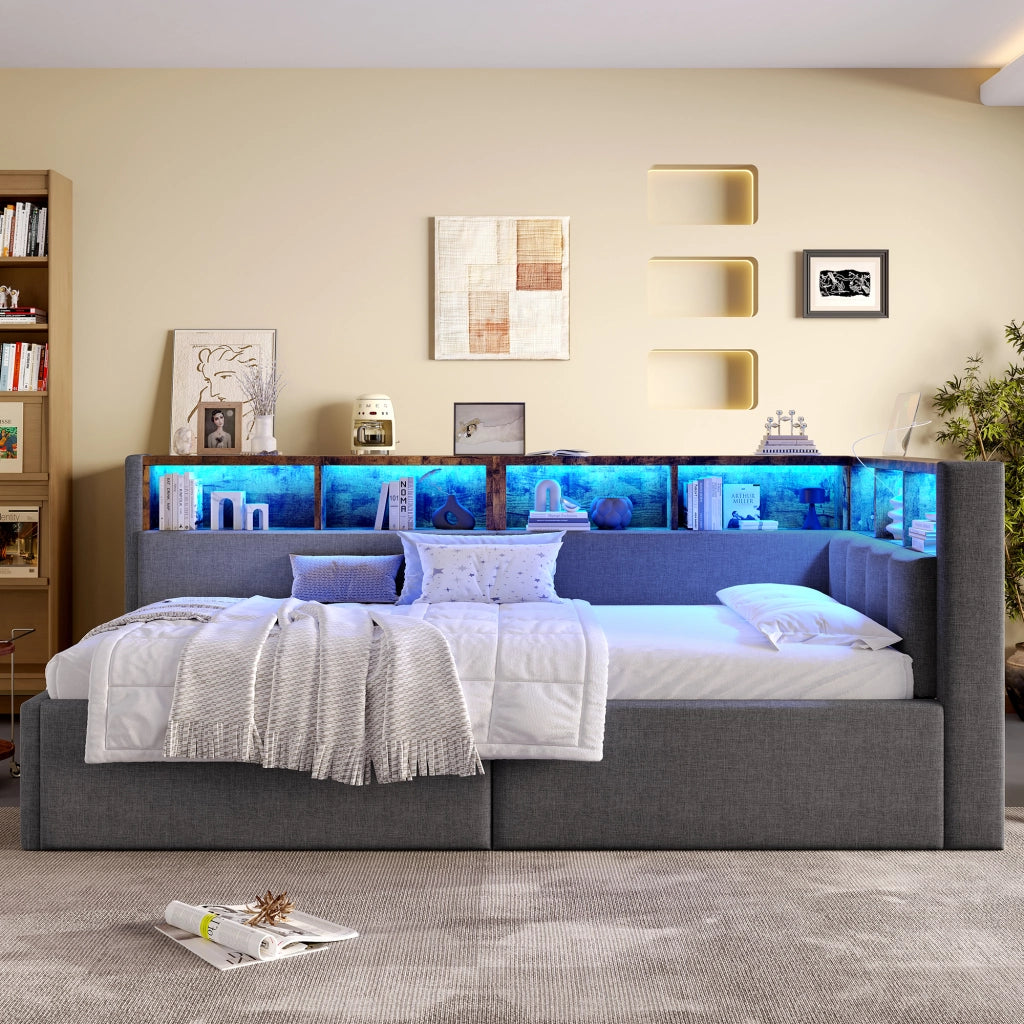Letto singolo 90×200 cm con USB; tipo C; LED e vani portaoggetti; senza materasso; lino; grigio