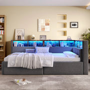 Letto singolo 90×200 cm con USB; tipo C; LED e vani portaoggetti; senza materasso; lino; grigio