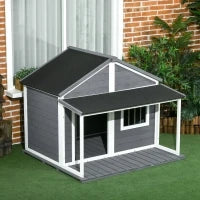 Cuccia per Cani da Esterno con Terrazza, Finestra e Tetto Impermeabile, 124x112x105cm, Grigio
