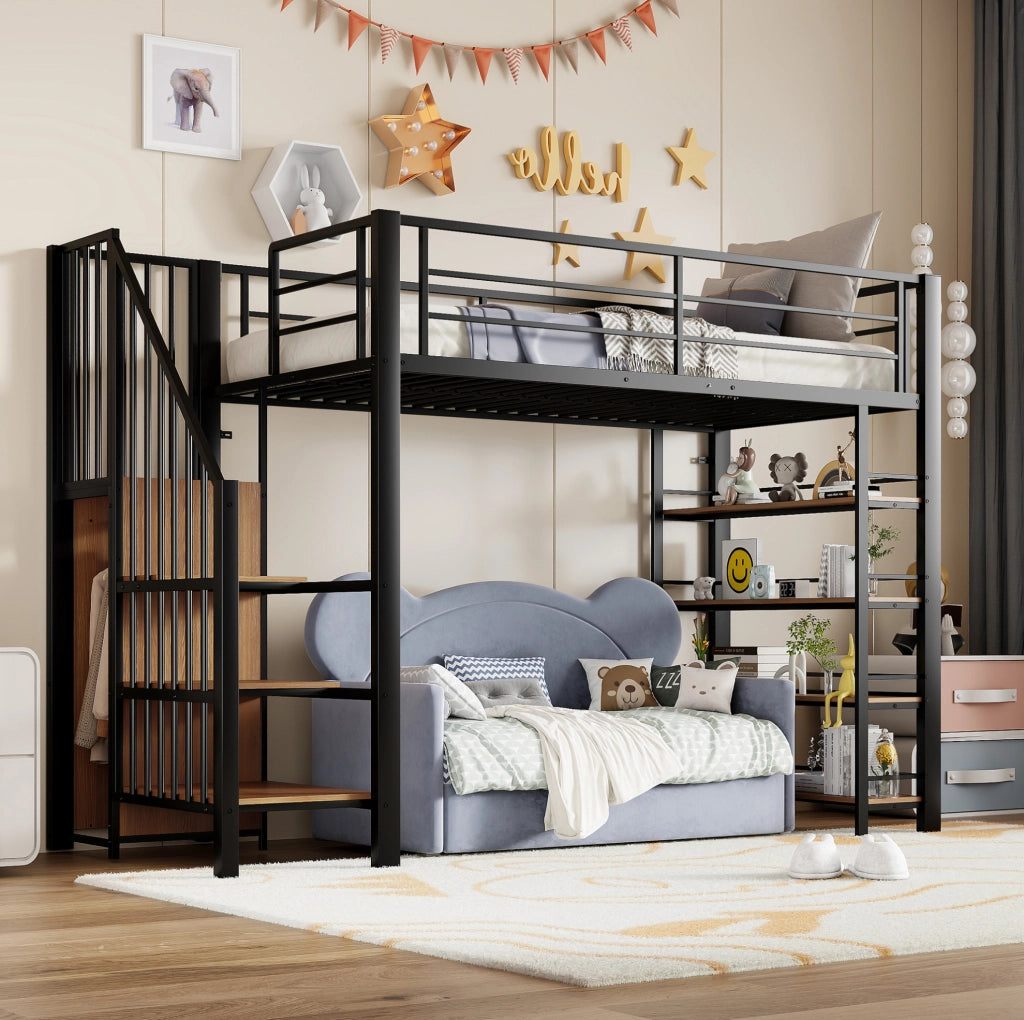 Letto a soppalco 90x200 cm in metallo nero con scala; armadio e ripiani