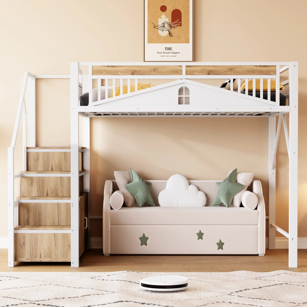 LETTO A CASTELLO 140x200 cm in metallo e legno bianco con scala contenitore