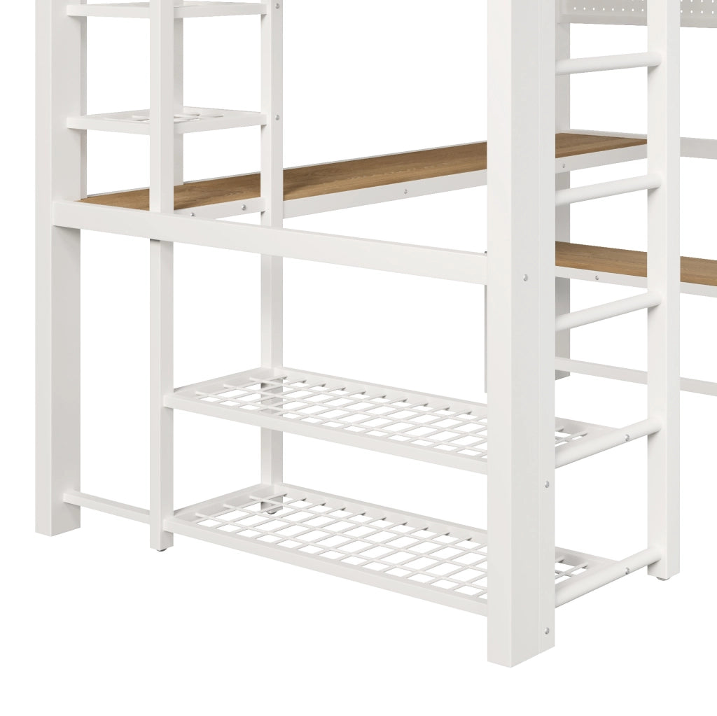 Letto a soppalco 140x200 cm in metallo con scrivania, LED e scaffali bianco
