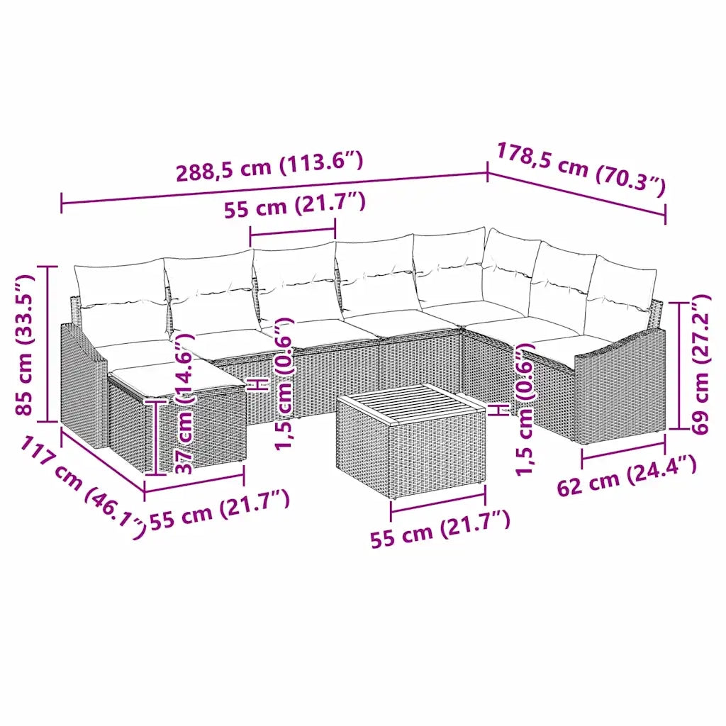 Set Divano da Giardino con cuscino 9 pcs Nero polyrattan 3347866