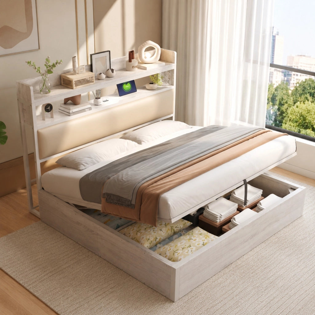Letto matrimoniale 180x200 cm con contenitore; sollevamento idraulico; USB; testiera imbottita bianco