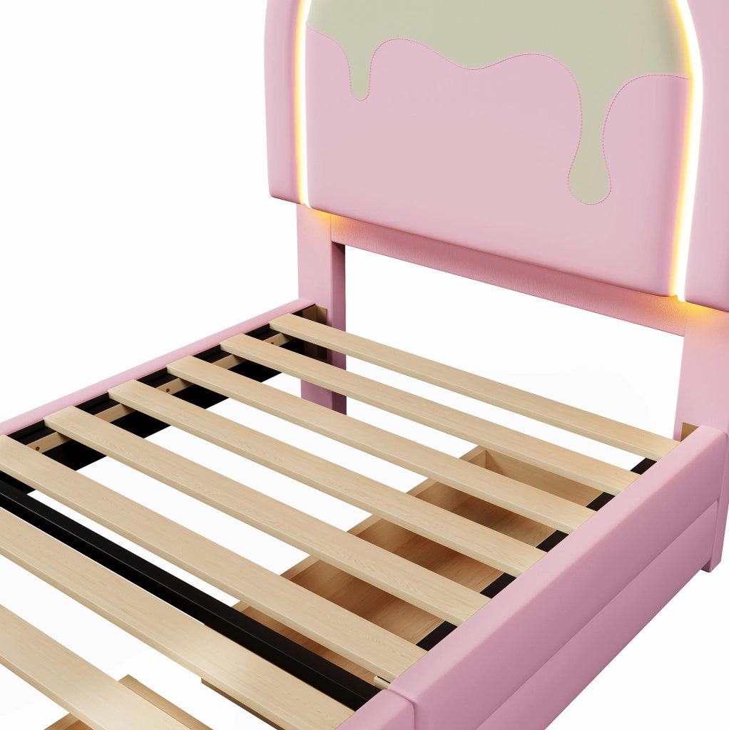 Letto imbottito rosa 90x200 cm con 2 cassetti e luce LED, forma unicorno