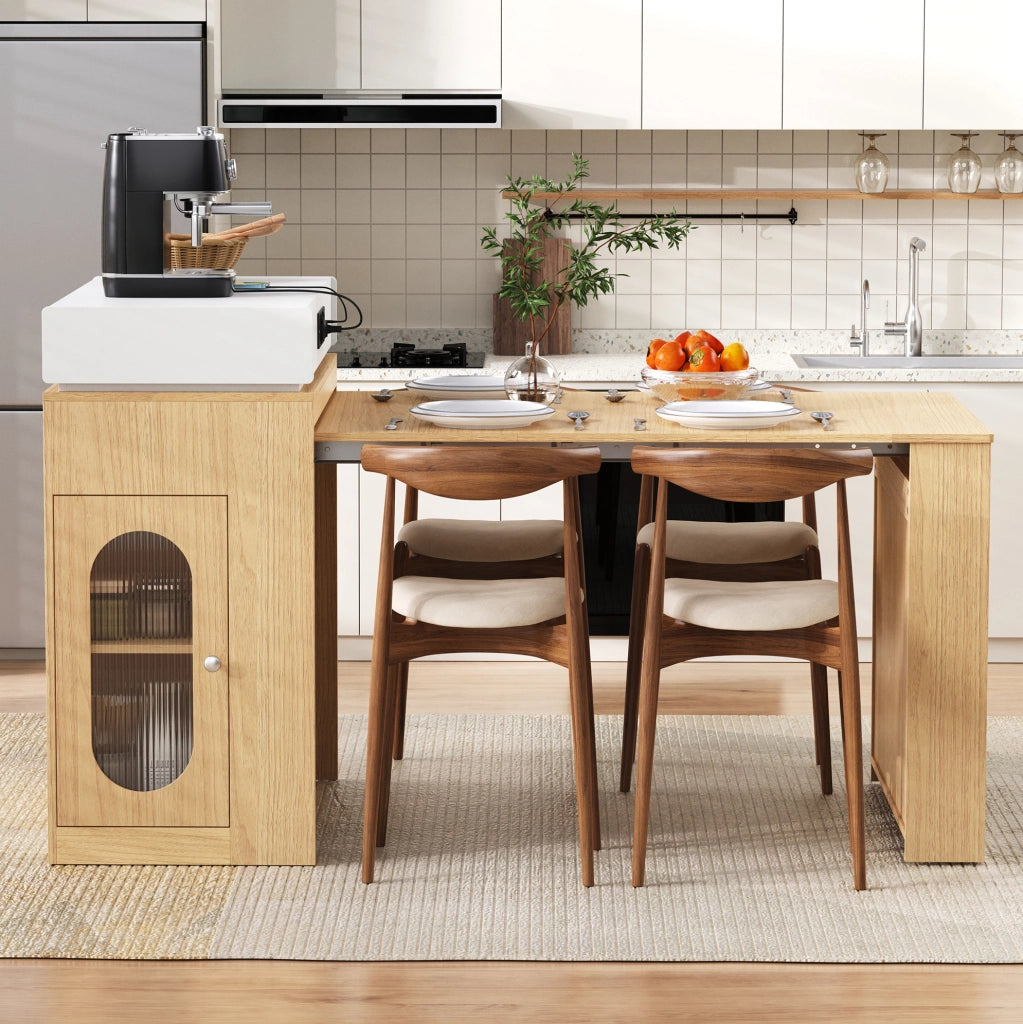 Tavolo allungabile 83x46~146.5x96 cm con piano pieghevole; ripiani e ante in vetro; naturale
