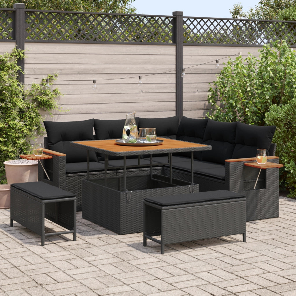 Set Divano da Giardino  8 pezzi con Cuscini Nero Polyrattan Acacia