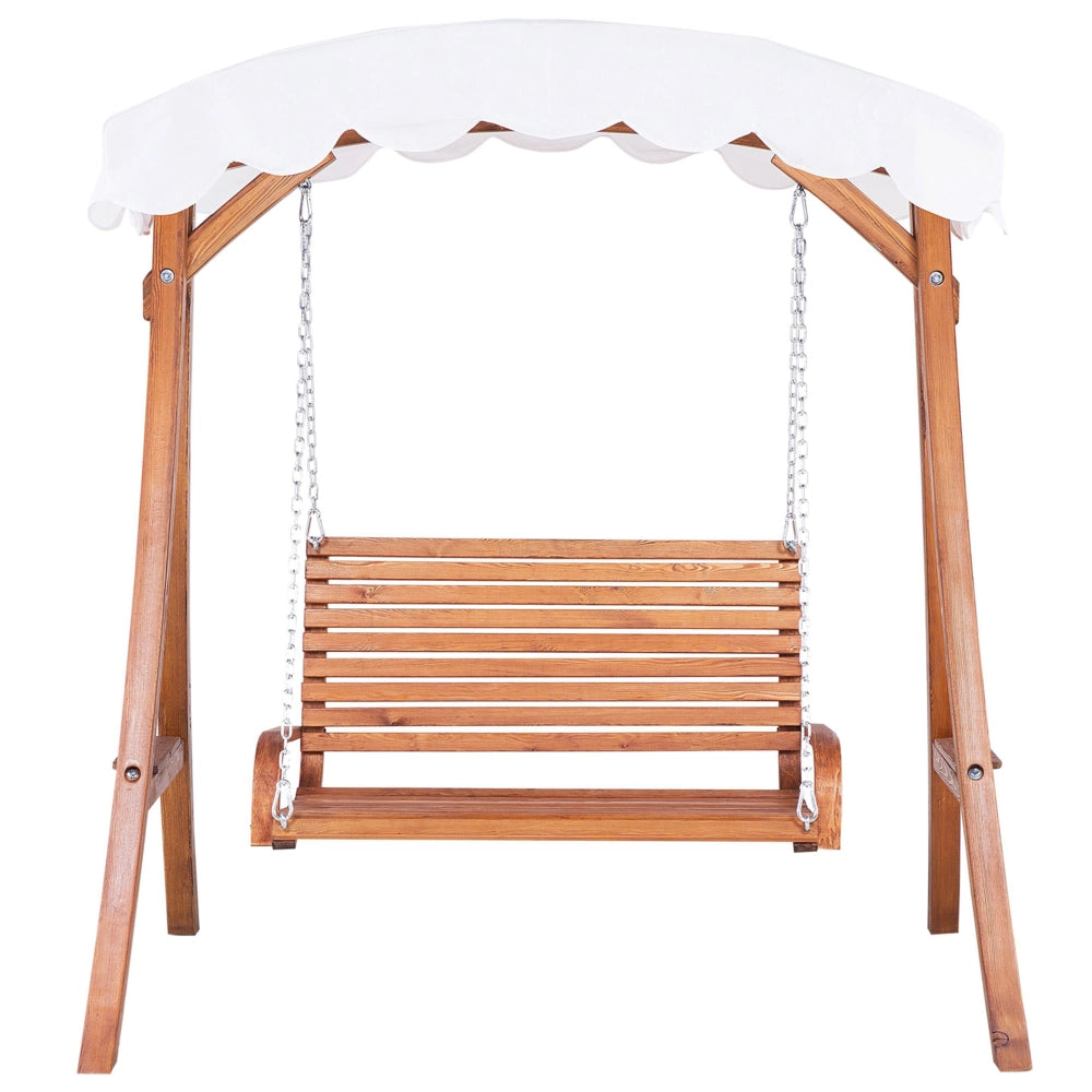 Dondolo da giardino con struttura in legno di larice in tessuto bianco da esterno a 2 posti con baldacchino autoportante