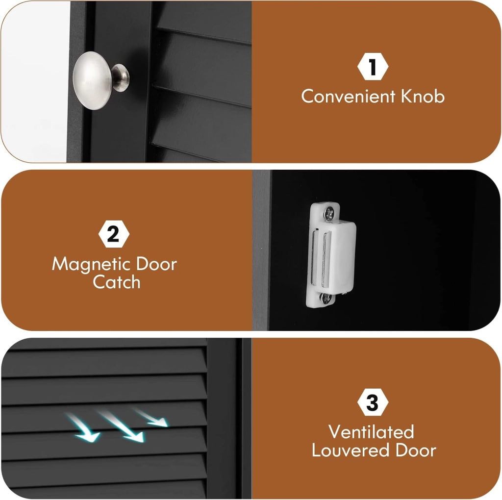 Armadio da Bagno a Parete con Porta, 2 Ripiani Regolabili e Scomparto Aperto, Armadio in Legno a 3 Livelli, Mobile Multiuso per il Bagno, Cucina, Ingresso, 42x17x70 cm (Nero)