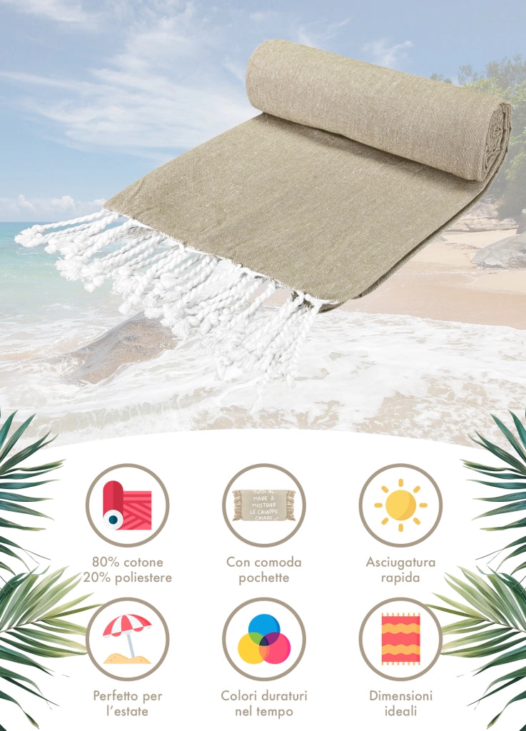 Telo Mare Con Frange Asciugamano Da Spiaggia Misura Grande 90x180 Cm Con Pochette Astuccio Assorbente In Morbido Cotone Leggero Stampa Tutti Al Mare AntiSabbia Lettino Vacanze Piscina Beige