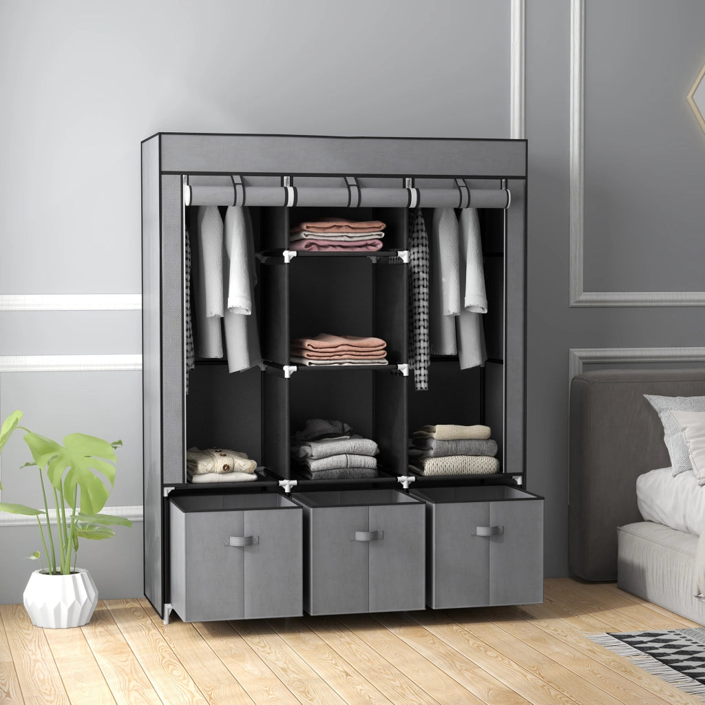 Armadio pieghevole in tessuto con 2 aste appendiabiti, ripiani aperti e 3 cassetti, grigio scuro, 125 x 43 x 162,5 cm