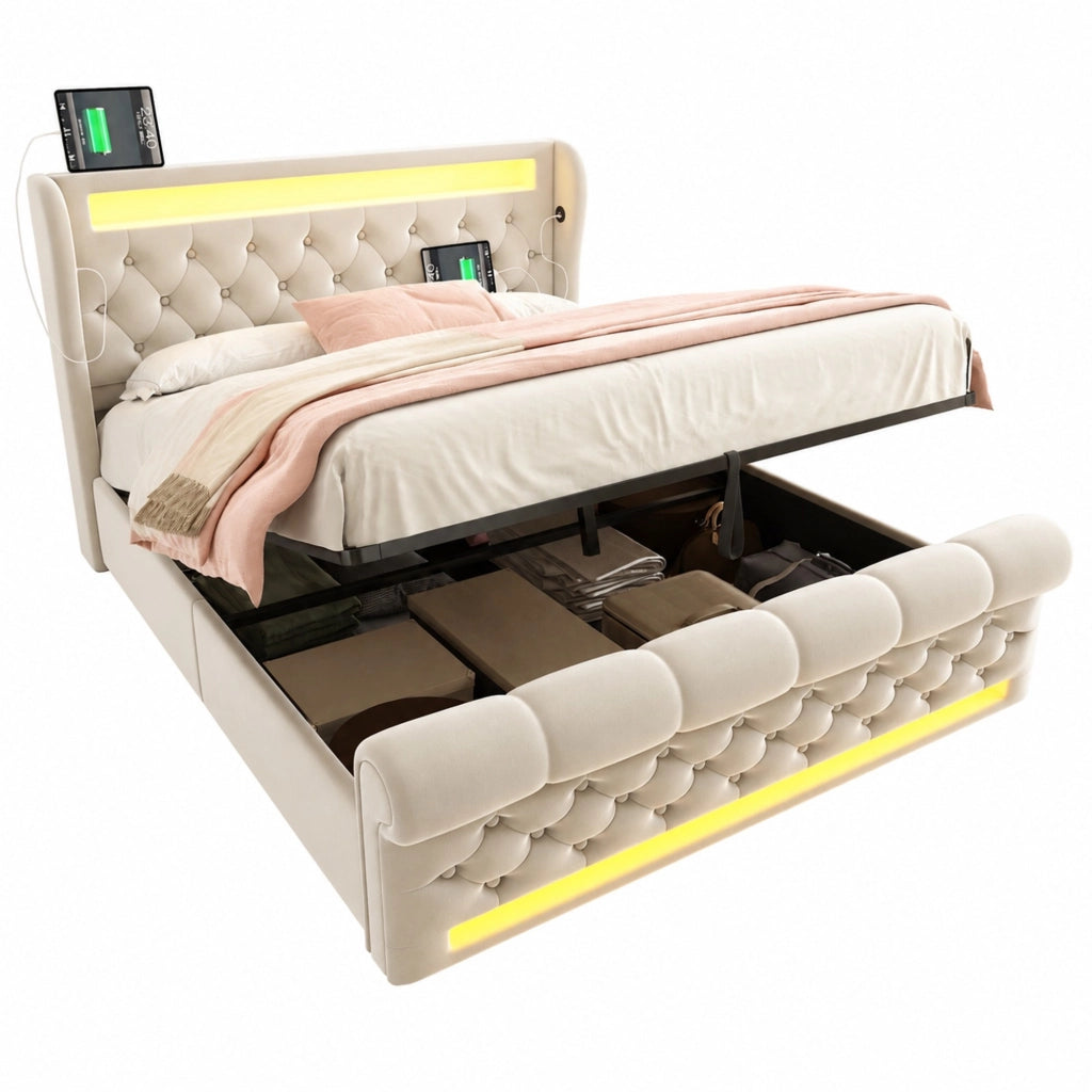 Letto matrimoniale imbottito 140x200 cm in velluto beige con LED; contenitore e USB