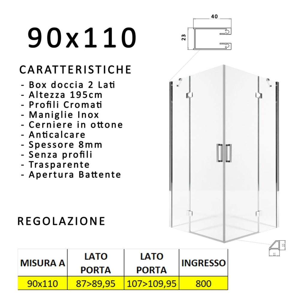 Box doccia due lati battenti 8 mm h195 anticalcare regina, misura 90x110