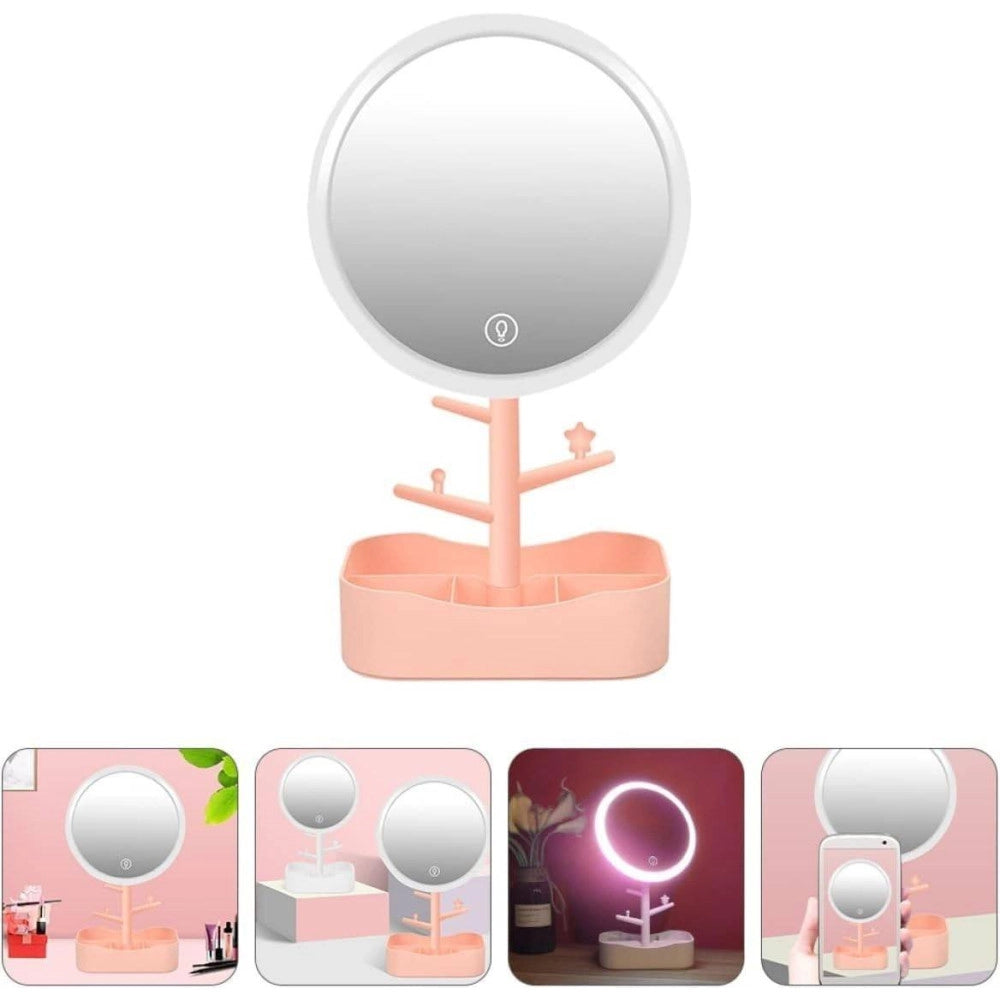Trade Shop - Specchio Per Trucco Makeup Da Tavolo Con Luce A Led Ricaricabile + Portagioielli -