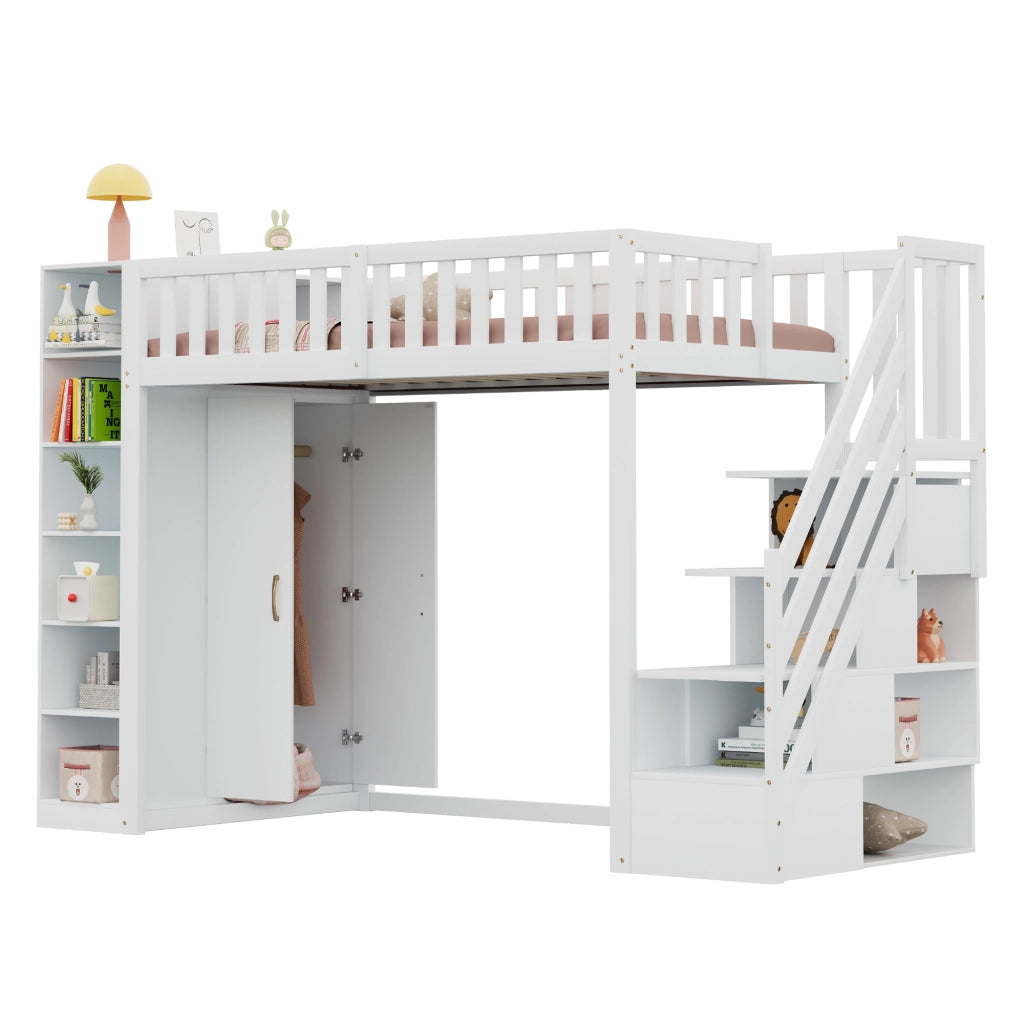OKWISH Letto a soppalco 90×200 cm, Letto Singolo con Armadio, Mensole e Scala con Cassetti, senza Materasso, in Legno, Bianco
