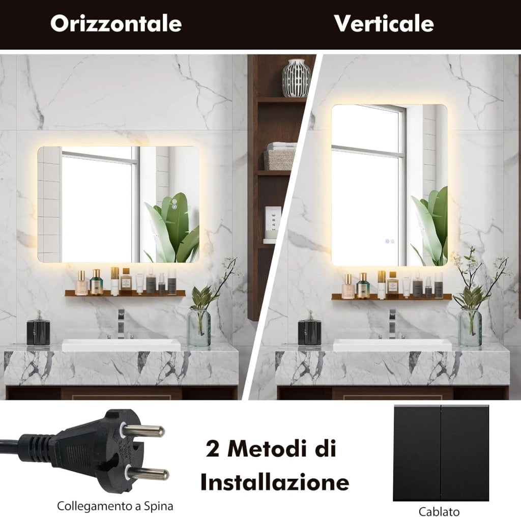 Specchio da Parete 70 x 50cm, Specchio Bagno Rettangolare con Luci Led a 3 Colori, Mensola e Funzioni di Autosbrinante e di Memoria, per Soggiorno e Camera da Letto, IP44