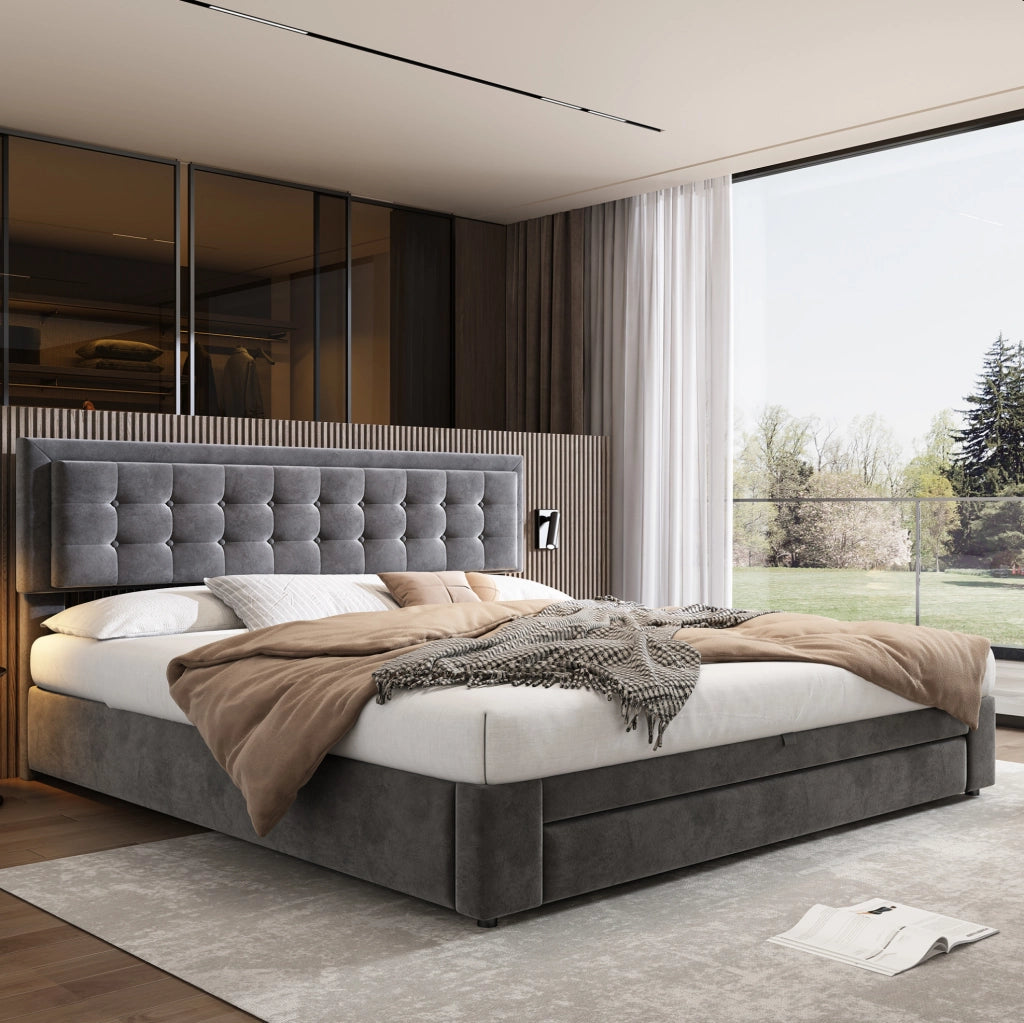 Letto matrimoniale imbottito con contenitore e cassetti; testiera regolabile; 180x200 cm; grigio in velluto