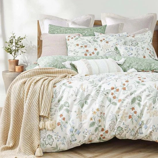 Set di coperte da letto 200 x 200 cm, verde, bianco, foglie, fiori, disegno, piante, reversibile, set di coperte da letto, colorato, microfibra, rinforzato, coperta da letto con chiusura a cerniera e 2 cuscini con copri cuscino da 80x80