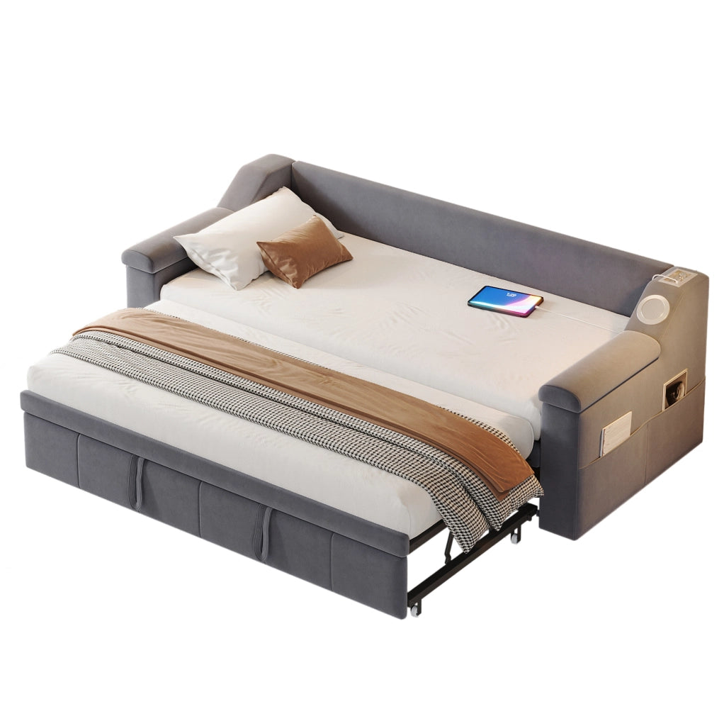 Divano letto imbottito con estensione idraulica 90/180x190 cm; velluto grigio; con Bluetooth e USB