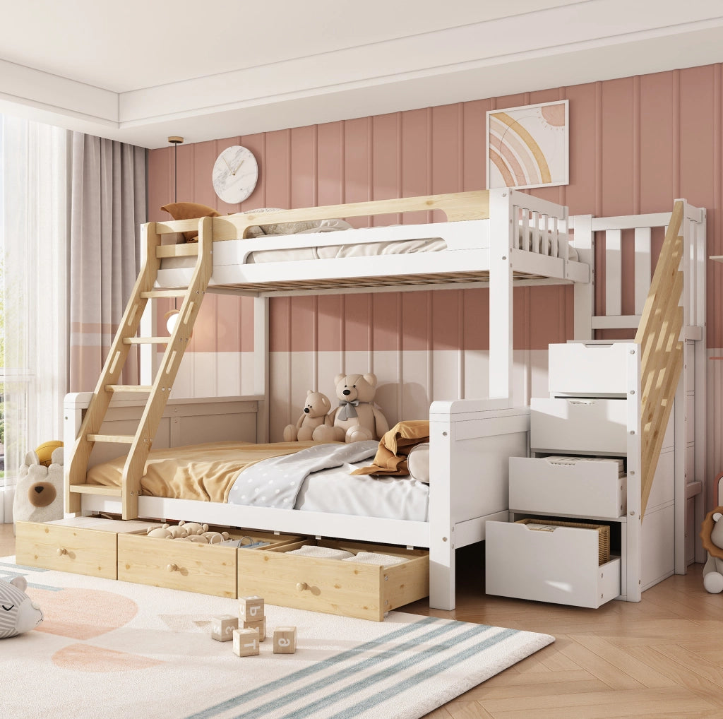 Letto a castello familiare 90x200/140x200 cm in legno bianco e naturale con scala contenitore