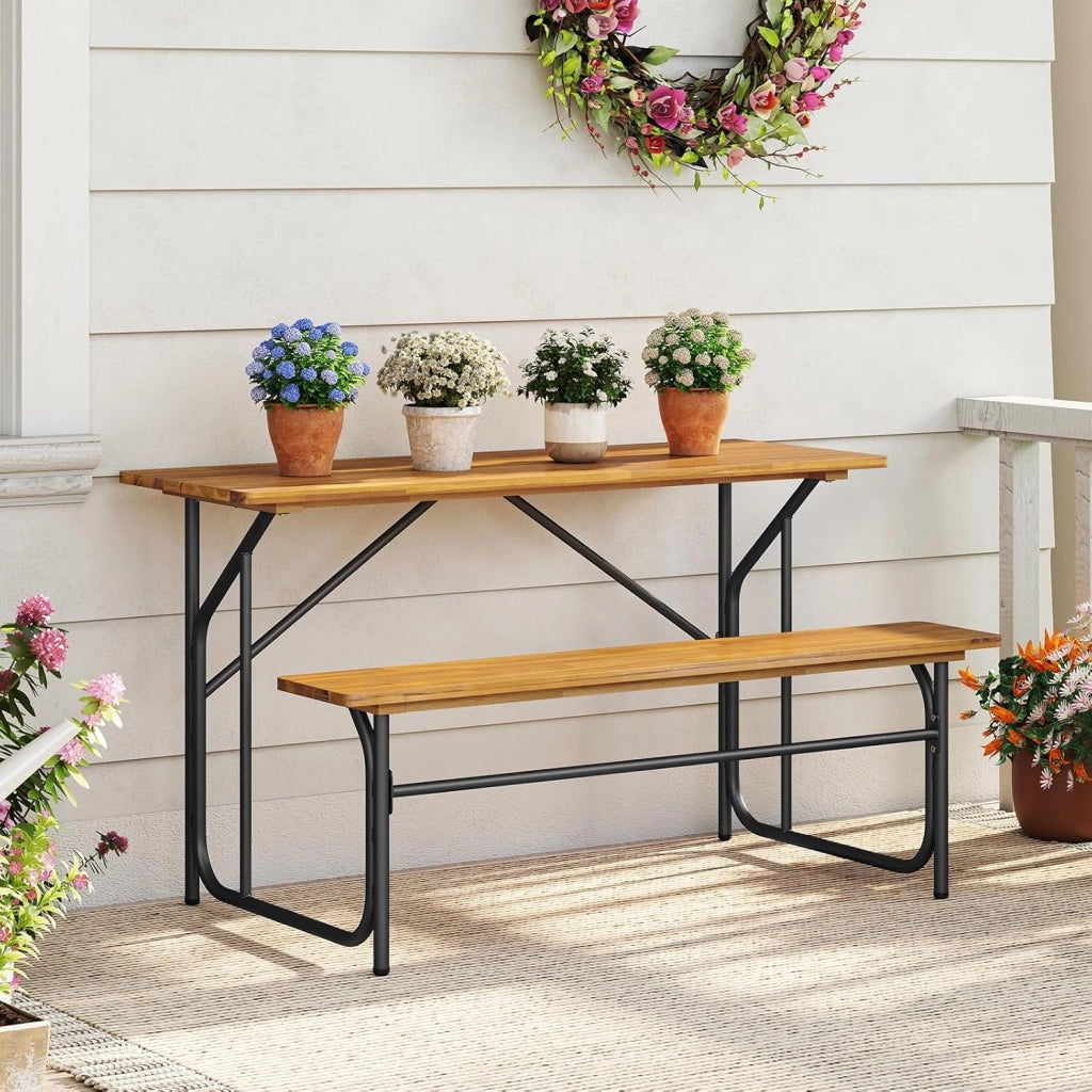 Panca da tavolo da picnic mezza per 2 persone, set tavolo da pranzo e panca in legno di acacia con struttura in metallo resistente, per patio, veranda, giardino, cortile posteriore