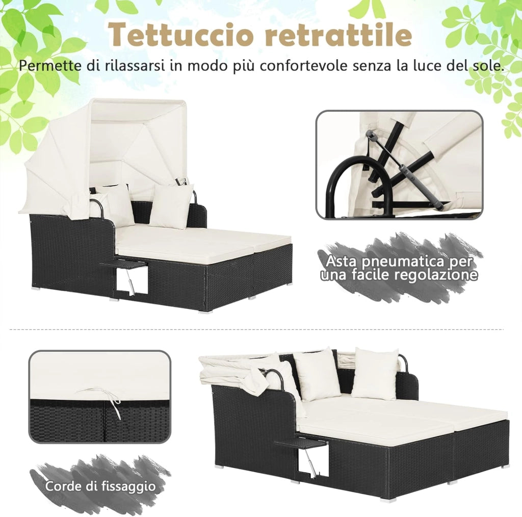 Lettino Prendisole in Rattan, Lettino da Giardino per 2 Persone con Tettuccio Retrattile, Cuscini Spessi, Ideale per Giardino Cortile Portico Prato, 165x153x138 cm