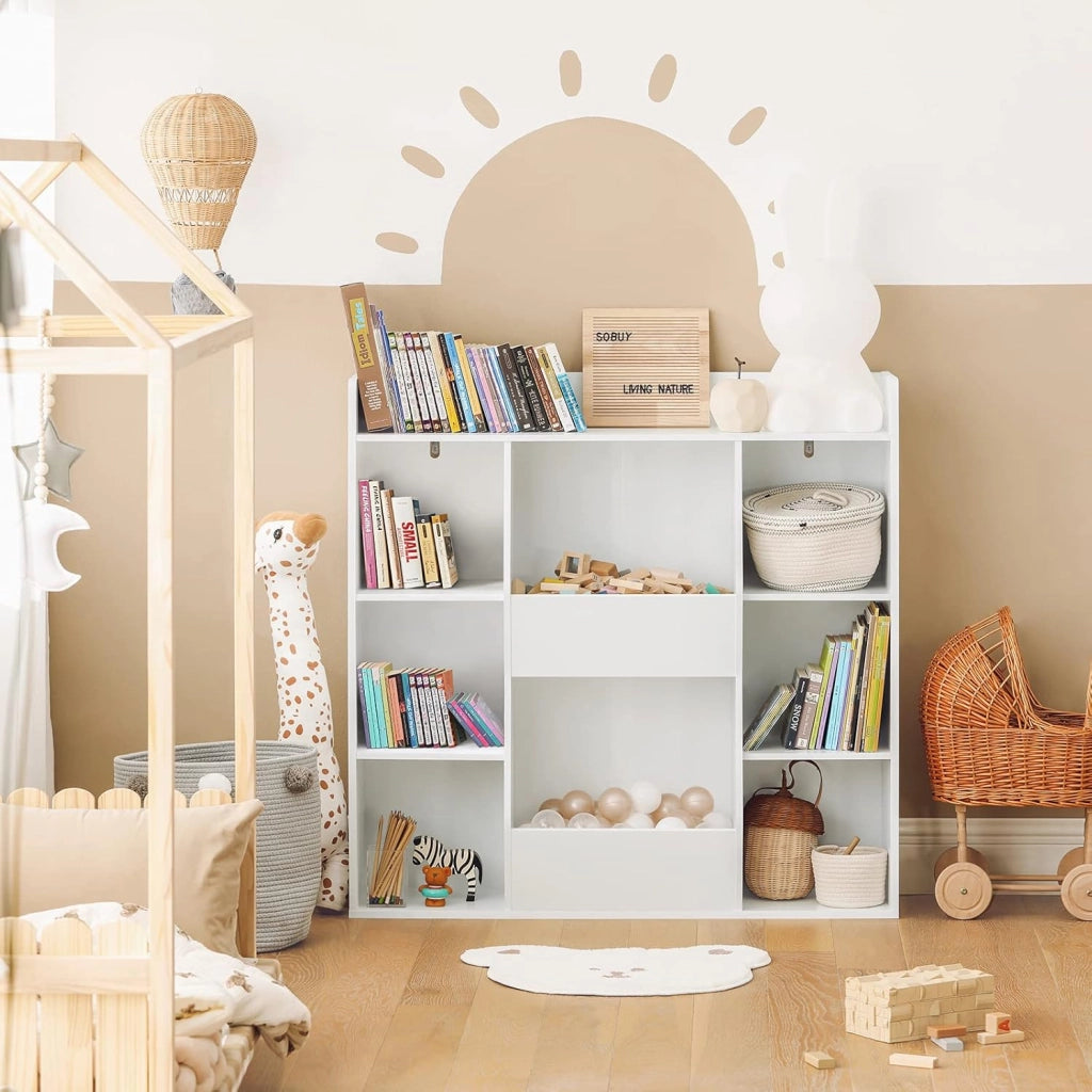 Libreria Montessoriana per Bambini - Scaffale Portagiochi con 8 Scomparti Aperti - Libreria da Terra per Cameretta 106x30x104 cm Bianco KMB55-W