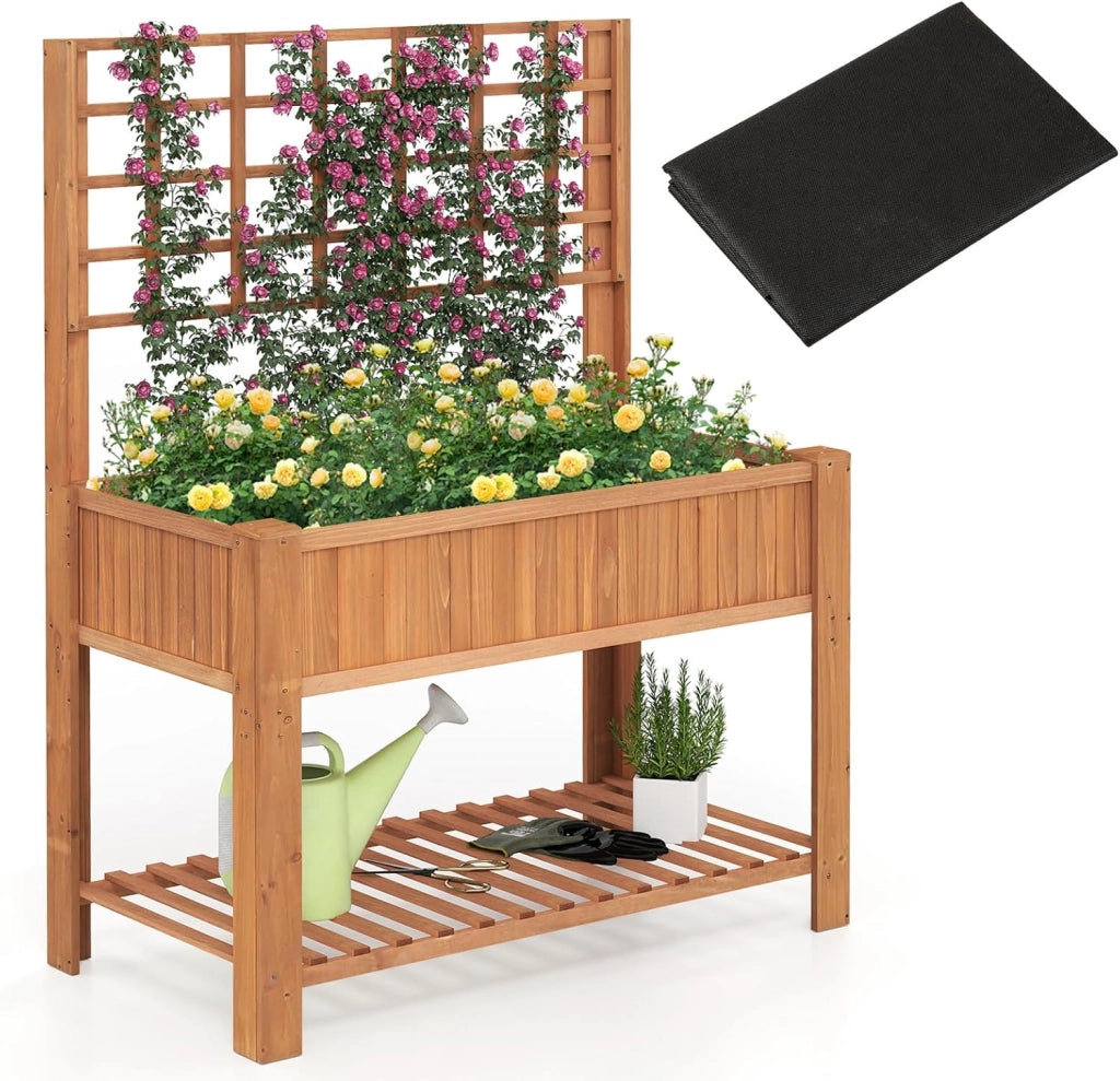 Letto da Giardino Rialzato, Fioriera Elevata con Traliccio, Mensola di Stoccaggio e Fori di Drenaggio, Orto Rialzato per Cortile, Giardino e Patio, 116 x 59 x 150 cm (Naturale)