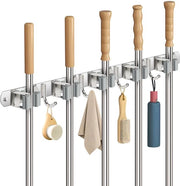 Supporto per Scopa alla Parete, Supporto per Scopa in Acciaio Inox, Supporto per Attrezzi con 5 Orecchioni e 4 Ganci, Appoggio per Scopa per Attrezzi da Giardino, Supporto per Scopa e Mop per la Casa, Giardino, Cucina, Garage