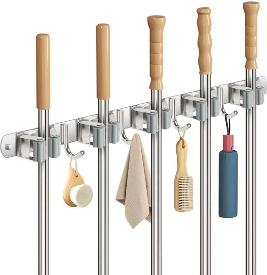 Supporto per Scopa alla Parete, Supporto per Scopa in Acciaio Inox, Supporto per Attrezzi con 5 Orecchioni e 4 Ganci, Appoggio per Scopa per Attrezzi da Giardino, Supporto per Scopa e Mop per la Casa, Giardino, Cucina, Garage