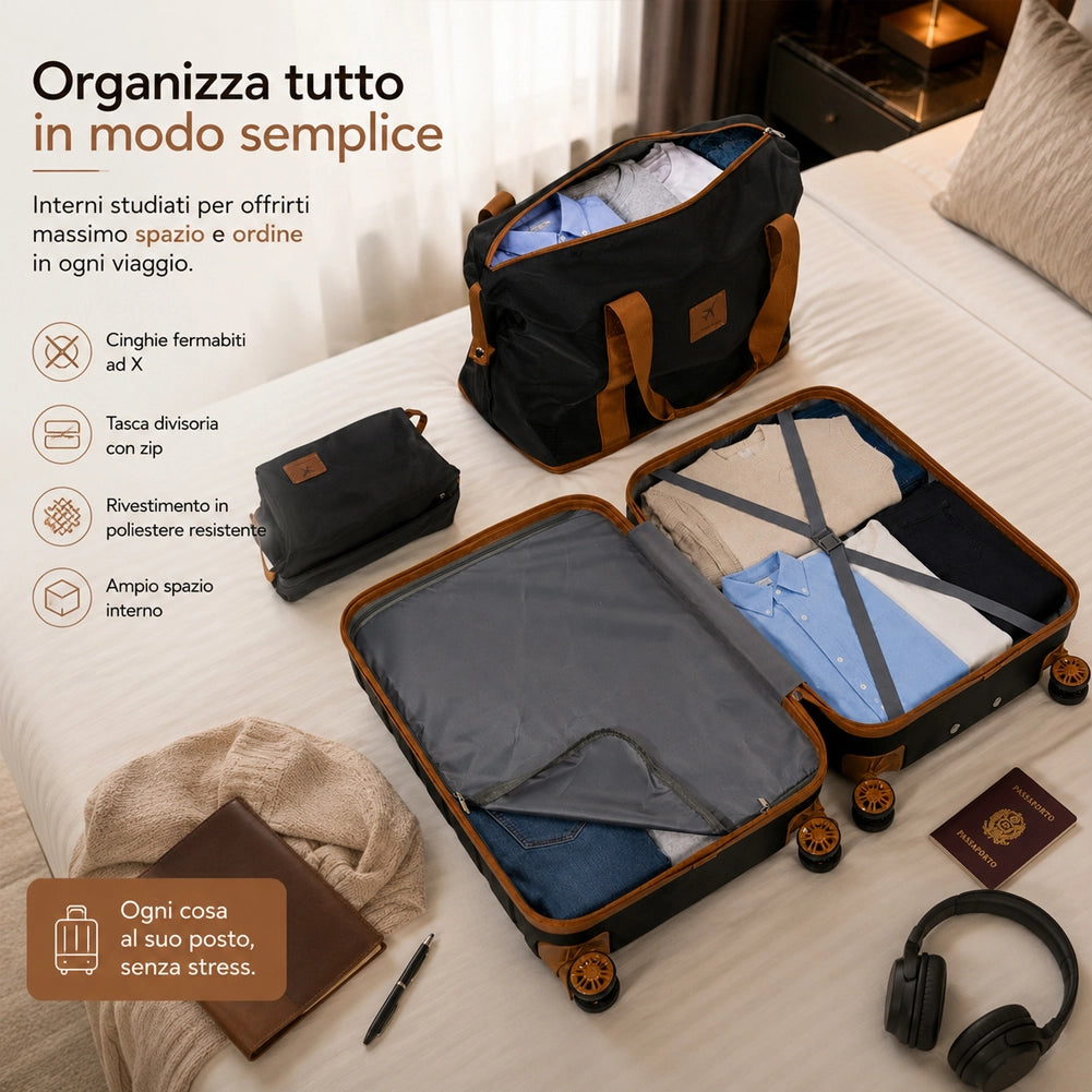 Set 6 Pezzi Valigie Rigide Family in ABS Beauty Case Nero e Marrone 55/66/75cm