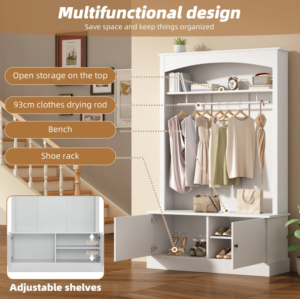 Armadio ingresso bianco con panca; scarpiera e appendiabiti 120x40x190 cm in truciolare