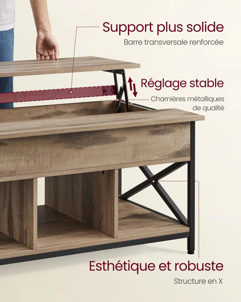 Tavolino da caffè/tavolo da soggiorno con piano sollevabile vano portaoggetti aperto e scomparto nascosto barre a X 60 x 100 x (48-62) cm marrone 12_0007474