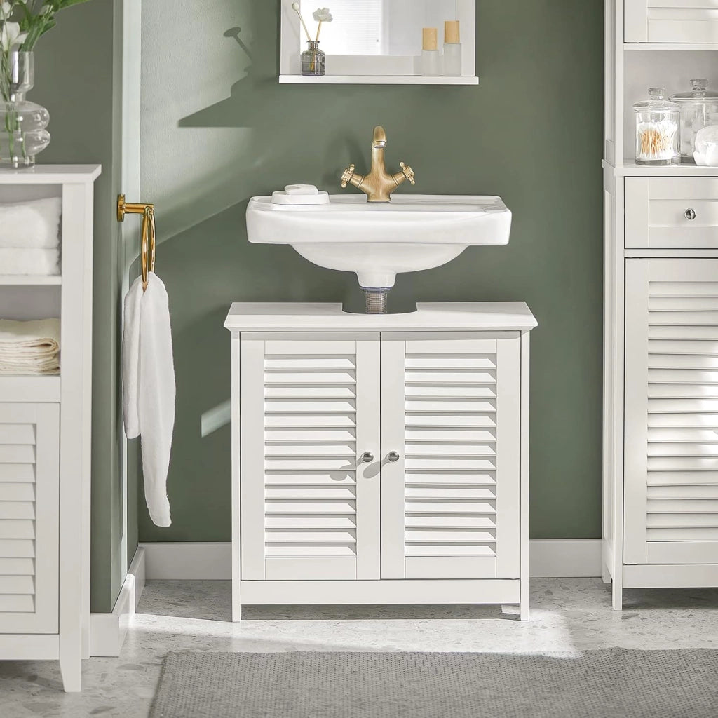 Mobile Bagno Sottolavabo - Mobiletto Bagno Salvaspazio con Mensole Regolabili, Mobile Lavabo in MDF, Antimuffa con Porta a Lamelle, per lavabo a muro, Bianco, 60x58x35cm, FRG237-W