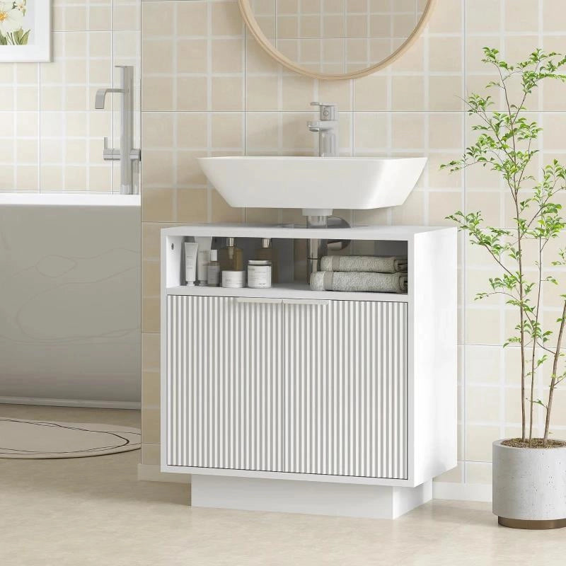 MOBILE SOTTO LAVABO BAGNO CON RIPIANO INTERNO REGOLABILE E RIPIANO APERTO, IN LEGNO, 60X33X63 CM, BIANCO