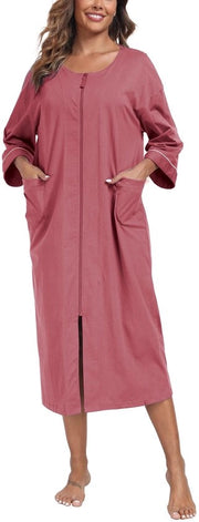 Vestaglia da bagno donna con zip, 100% cotone, giacca da camera leggera, giacca da donna, lunga con tasche, taglia M-XXL (viola, L)