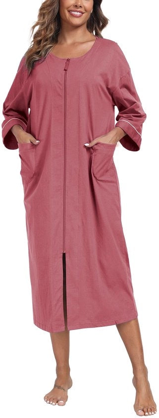 Vestaglia da bagno donna con zip, 100% cotone, giacca da camera leggera, giacca da donna, lunga con tasche, taglia M-XXL (viola, L)