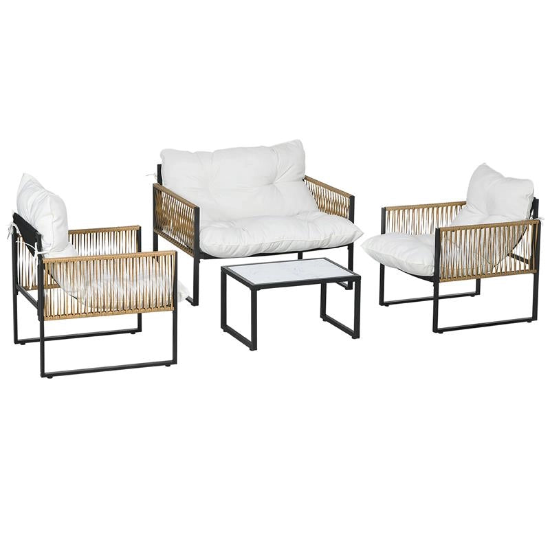 SET DA GIARDINO 4 PEZZI IN RATTAN CON DIVANETTO 2 SEDIE E TAVOLINO DA CAFFÉ NERO MARRONE E CREMA