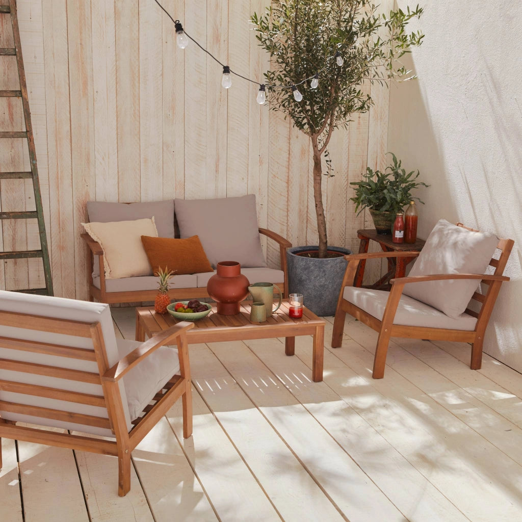 Salotto da giardino in legno, 4 posti, marrone naturale