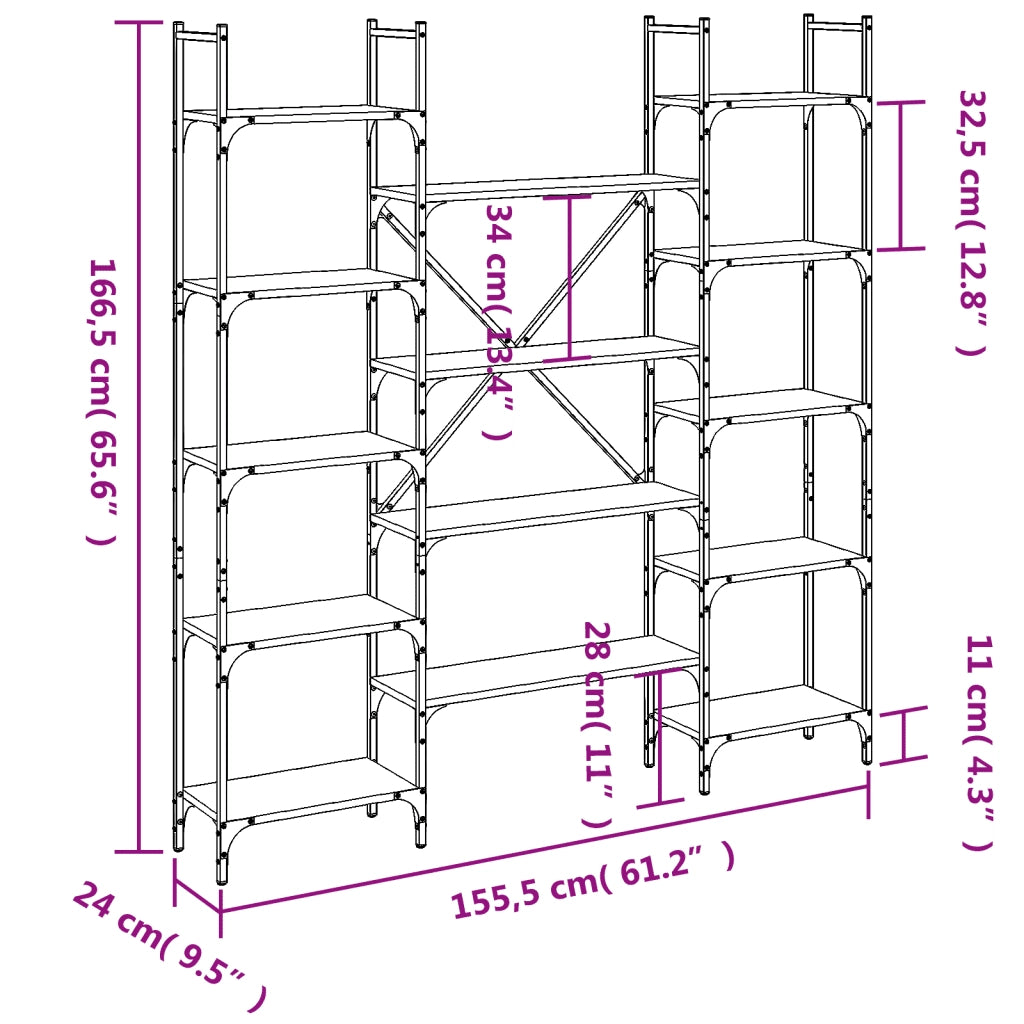 Libreria-Scaffale per Libri-Mobile di Stoccaggio Rovere Marrone 155,5x24x166,5 cm in Legno Multistrato