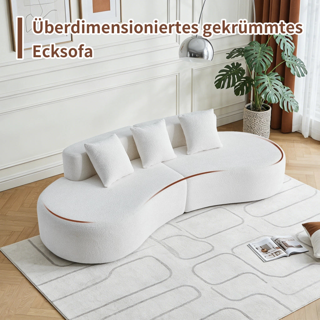 Divano ad angolo modulare a 3 posti con design curvo e cuscini decorativi, in tessuto bianco per soggiorno e appartamento