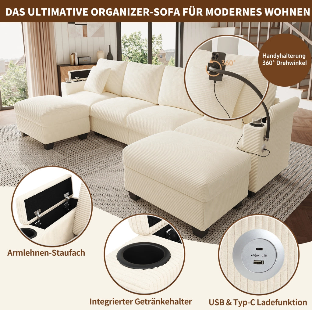 Divano modulare beige in velluto a coste con USB e portaoggetti