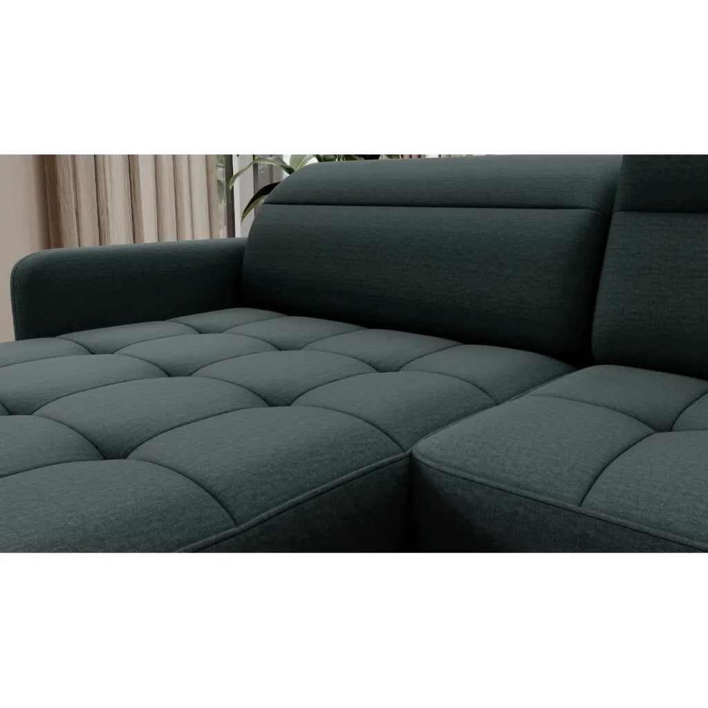 Divano angolare convertibile BERTHO 306 cm verde scuro – Angolo sinistro con contenitore