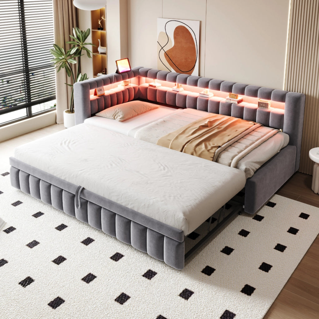 Divano letto estraibile 90x200 cm con LED, USB e vano portaoggetti